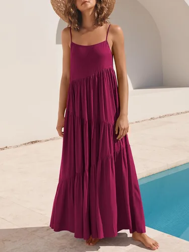 Vista 2 de ANRABESS - Vestido largo de verano para mujer, vestido de lino casual, holgado, sin mangas, con tirantes delgados y estilo bohemio, para playa