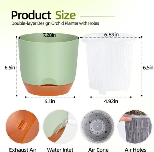 Vista 2 de QCQHDU Macetas de orquídeas de 7.2 pulgadas con agujeros para trasplantar, macetas de plástico de doble capa con riego automático para plantas