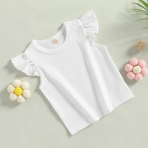 Vista 4 de Camiseta básica de manga corta con volantes para niñas pequeñas, ropa casual de verano