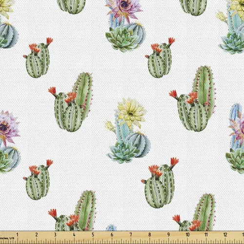 Vista 62 de Ambesonne Tela para Amantes de los Perros por Yarda, Perro Salchicha de Dibujos Animados Dachshund Cachorro con Pijamas a Rayas Flores y Mariposas