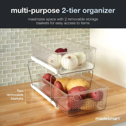 Vista 3 de madesmartOrganizador de 2 niveles, cestas de almacenamiento de deslizamiento multiusos con asas, claro pull out bins, adjustable dividers, tiered