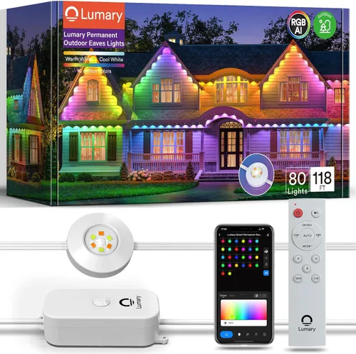 Vista 10 de Luces exteriores permanentes Lumary Max 53 pies con 40 luces de cornisa LED RGBAICW 2400LM, IP67 impermeable, control IC y modos de escena