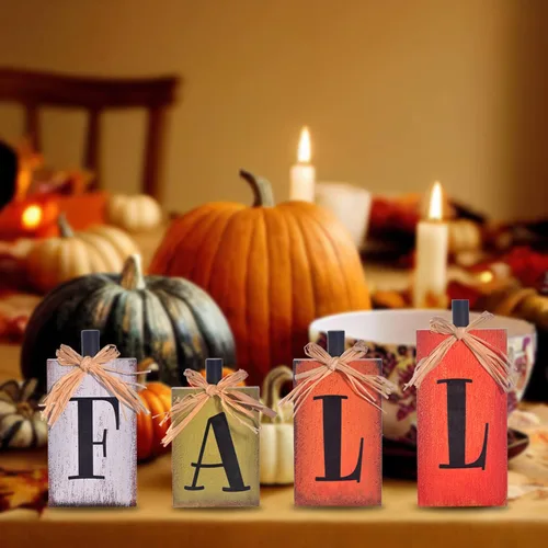 Vista 6 de Ovootok Decoraciones de otoño para el hogar, 4 letreros rústicos de decoración del hogar, centros de mesa de otoño para mesas, juego de bloques