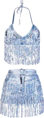 Vista 8 de Conjunto de falda para danza del vientre, lentejuelas brillantes, flecos, borlas y faldas cortas, para festivales y raves para mujer