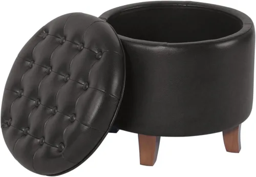 Vista 6 de HomePop Decoración del hogar Otomana reposapiés tapizada redonda de cuero sintético capitoné Otomana con almacenamiento para sala de estar