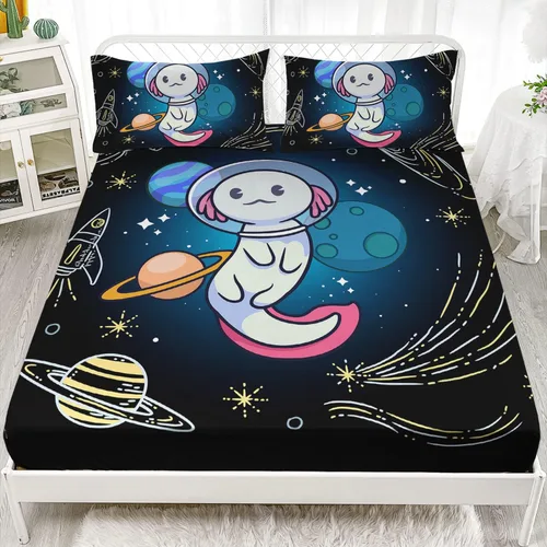 Vista 2 de HOSIMA - Juego de ropa de cama con diseño de ajolote para decoración de dormitorio infantil, patrón de dibujos animados espaciales Kawaii, animales