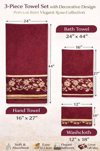 Vista 5 de Popular Bath Toallas de baño, colección Vlegant Rosa, 21 x 12 pulgadas, borgoña/dorado