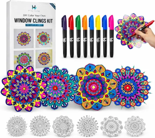 Vista 8 de Kit de Arte de Vitral Mandala Hula Home - Animales DIY para Ventanas con Marcadores, 10 Atrapasoles - Perfecto Hobby para Adultos, Niños
