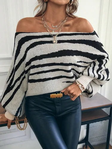 Vista 3 de GORGLITTER Suéteres de rayas de cebra para mujer, cuello barco, manga larga, suéter de punto