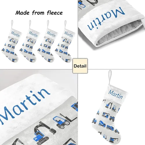 Vista 4 de Medias de Navidad para camión volquete personalizadas, color azul, bolsa de dulces con nombre para decoración de fiestas familiares, regalo de 17.52