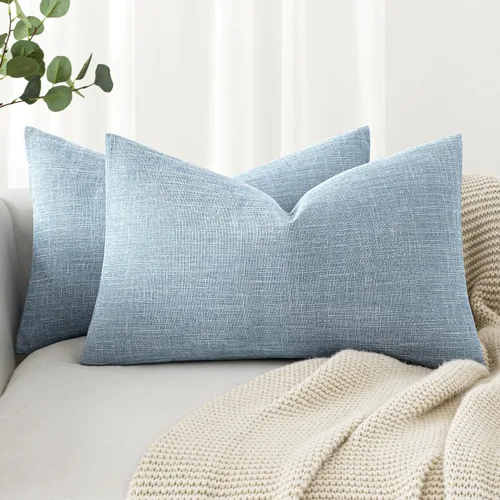 Vista 34 de MIULEE - Paquete de 2 fundas de almohada decorativas de lino de arpillera costera, estilo granja, para sofá, coche, sillón, dormitorio, sala de Azul