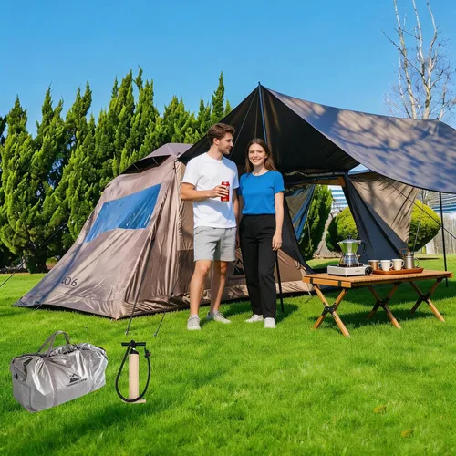 Vista 12 de Tienda de campaña inflable para campamento, instalación rápida con bomba, tienda de campaña Oxford impermeable de 4 estaciones con tragaluz, tienda