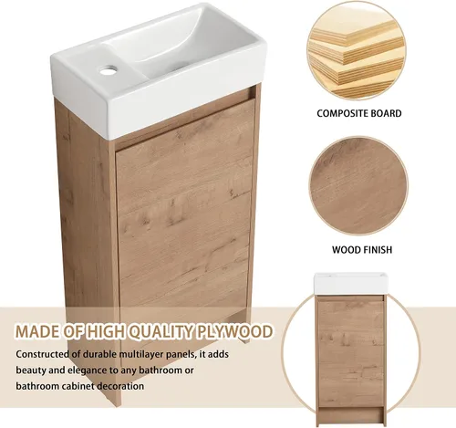 Vista 6 de Tocador de baño pequeño de 16 pulgadas con lavabo, tocador de baño independiente de 16" para espacios pequeños, gabinete de madera contrachapada