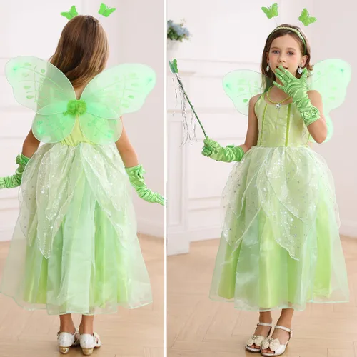 Vista 3 de iTVTi Disfraz de Campanilla para niñas pequeñas, vestido de alas verdes de hada de princesa, fiesta de cumpleaños, Halloween, cosplay