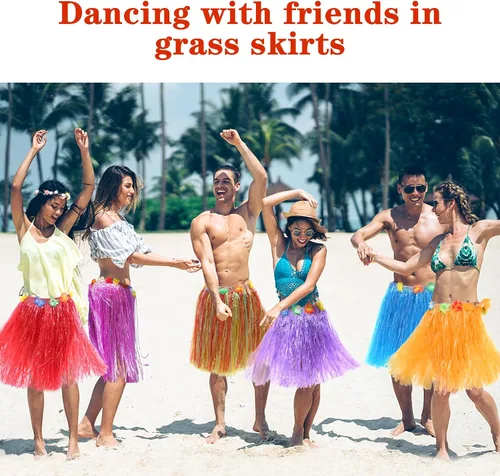 Vista 5 de Falda de hierba hawaiana Luau Hula faldas decoraciones de fiesta, suministros de hierba para adultos, flores elásticas de hibisco, falda tropical