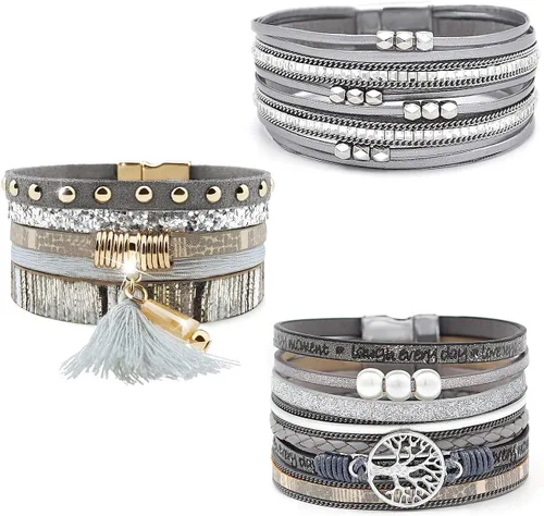 Vista 11 de Wowanoo - Juego de 3 pulseras de cuero de varias capas con cierre magnético para mujer, con cristales, ramas de árbol pulseras para mujer.