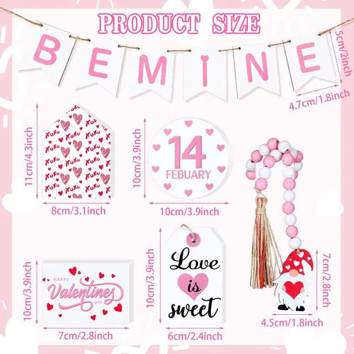 Vista 3 de 10 piezas de decoración de gnomos de San Valentín (bandeja no incluida), forma de corazón de madera de San Valentín y guirnalda de cuentas
