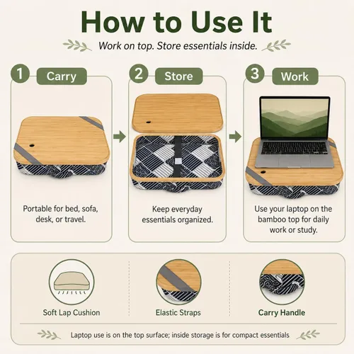 Vista 6 de MAYJOY Escritorio de bambú portátil con almacenamiento, escritorio de regazo con funda extraíble para regazo, soporte de laptop para regazo