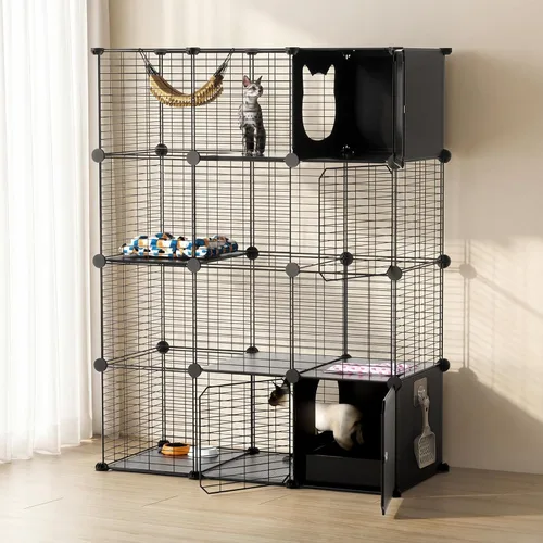Vista 10 de PAWING Recinto para gatos para interiores con caja de arena, jaula de alambre de metal de 3 niveles, diseño desmontable para gatos, gatitos
