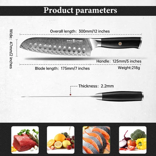 Vista 3 de Cuchillo Santoku de Damasco de 73 capas, 10Cr15CoMoV HC núcleo de corte, estilo japonés Premier Kitchen Chefs Gadget w/t caja de regalo D1santoku