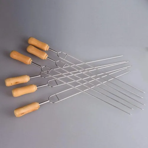 Vista 4 de IMEEA Brochetas de acero inoxidable de doble punta de 15.3 pulgadas para asar brochetas de barbacoa con mango de madera, tenedores reutilizables