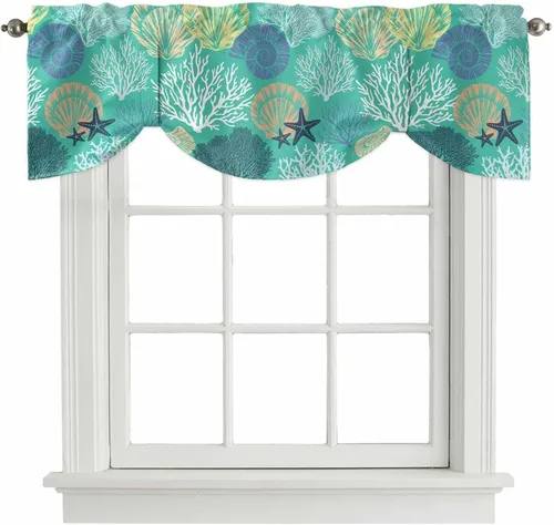Vista 18 de Cenefa de amarre para ventanas, cortinas náuticas costeras de coral, cenefas con bolsillo para barra, cortinas de ventana con temática de playa