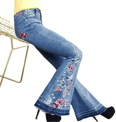 Vista 5 de Jeans acampanados con bordado floral para mujer, jeans elásticos acampanados, talla grande, pantalones de mezclilla de pierna ancha Y2k