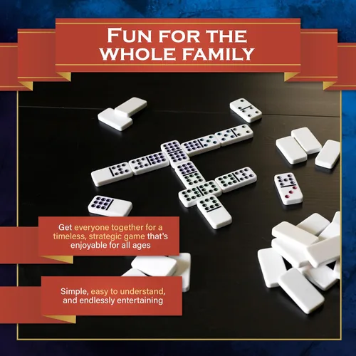 Vista 3 de Continuum Games Family Traditions - Juego de 9 dominó dobles – Juego de 55 piezas en lata de almacenamiento, dominó cristalino para niños y adultos