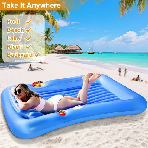 Vista 6 de TURNMEON Flotador inflable para tumbona de bronceado con aspersor, flotador grande de 71 x 47 pulgadas para adultos con respaldo, taza y soporte