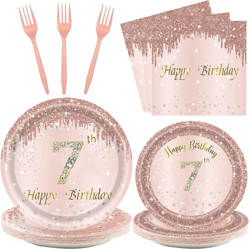 Vista 11 de 24 juegos de decoración de cumpleaños de oro rosa para niñas 1 juego de platos y servilletas y tenedores suministros de fiesta para niños de 1 año