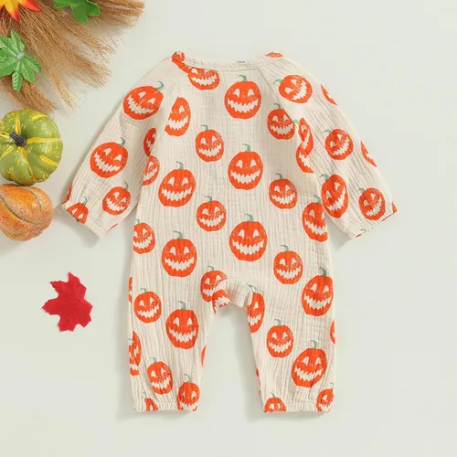 Vista 6 de GOOCHEER Mameluco de manga larga para bebé, niño, niña, Halloween, traje de calabaza