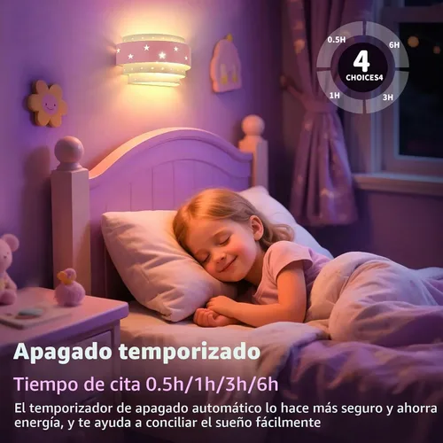 Vista 3 de Lightess Aplique de pared rosa que funciona con pilas para habitación de niñas, lámpara de pared LED regulable con forma de estrella, lámpara