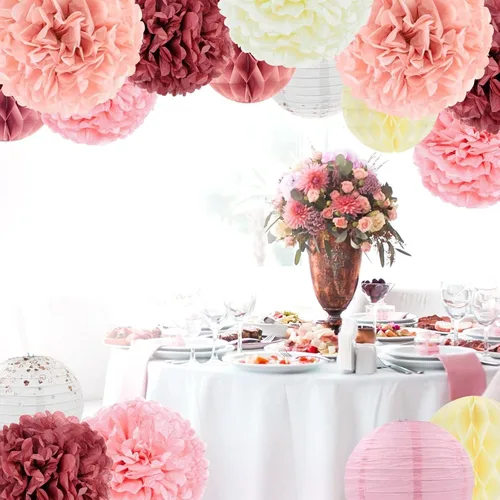Vista 9 de EPIQUEONE Juego de pompones de papel de seda, decoración de fiesta de panal malva vibrante y bocanadas de papel, linternas malva y bolas decorativas
