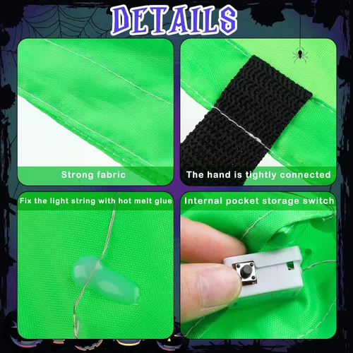 Vista 5 de 2 bolsas de dulces de Halloween con luz LED, bolsas de fiesta de Halloween, multiusos, reutilizables, bolsas para Halloween para dulce o dulce Verde