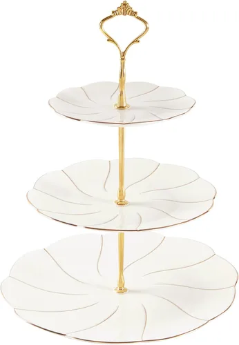 Vista 13 de DUJUST Lujo Soporte para Magdalenas de Porcelana de 3 Niveles en Forma de Torre, Bandeja de Servir de Estilo Británico con Borde Dorado, Soporte