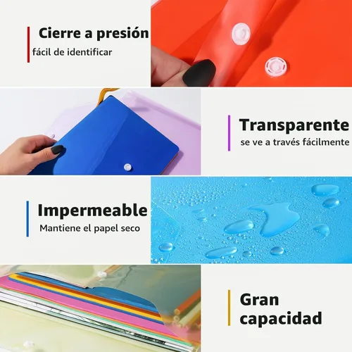 Vista 3 de LEOBRO Carpetas de archivos de plástico para documentos, 4 carpetas de archivos, sobres de plástico de tamaño A4 con cierre a presión, sobres