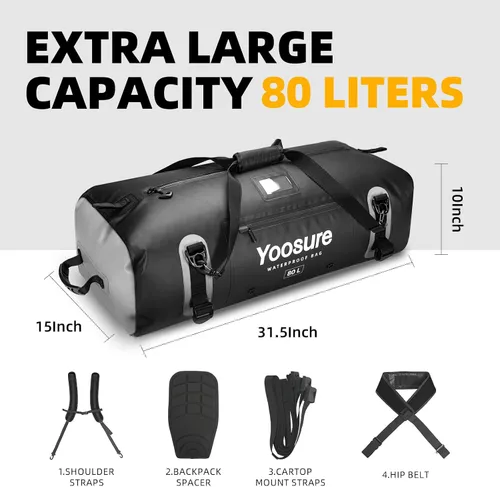Vista 4 de Bolsa de lona impermeable de 80 Lt, mochila seca para motocicleta, bolsas impermeables con cremallera y almohadilla espaciadora para kayak, rafting