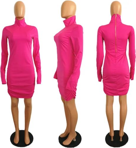 Vista 5 de Vestido sexy de manga larga con cremallera de cuello alto para mujer, con volantes, color liso, para fiesta de club