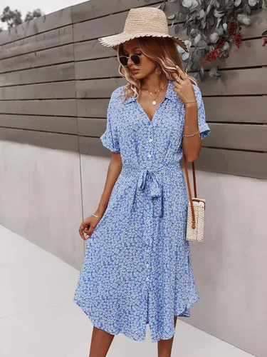 Vista 2 de SOLY HUX Womens Summer Dress Casual Ditsy Floral Tie Front Button Up Boho Midi Tshirt Dresses