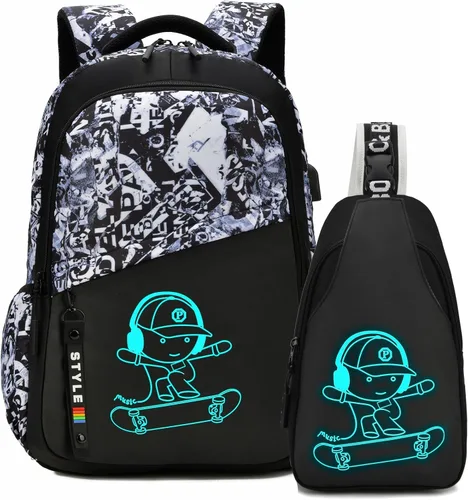 Vista 16 de Mochila escolar para niños, mochila escolar para niños, primaria, primaria, secundaria, con bolsa de almuerzo y estuche para lápices, mochila ligera