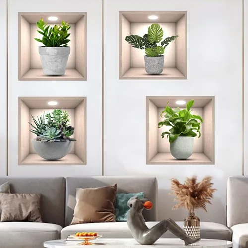 Vista 3 de iMagitek Paquete de 4 Pegatinas de Pared de Plantas Verdes 3D Calcomanías de Pared de Plantas Botánicas para Dormitorio, Sala de Estar, Cocina