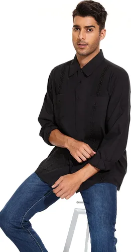 Vista 2 de MAXJON Camisas de guayabera de manga larga para hombre, camisas cubanas