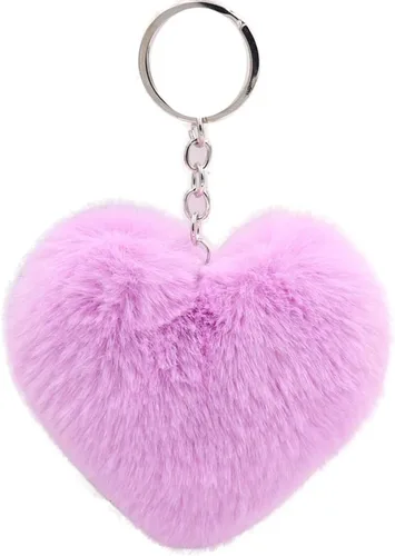 Vista 7 de ikasus Llavero de corazón de felpa lindo llavero de pompón, llavero de bola de felpa esponjoso, bolsa de coche, colgante de llavero suave, Rojo