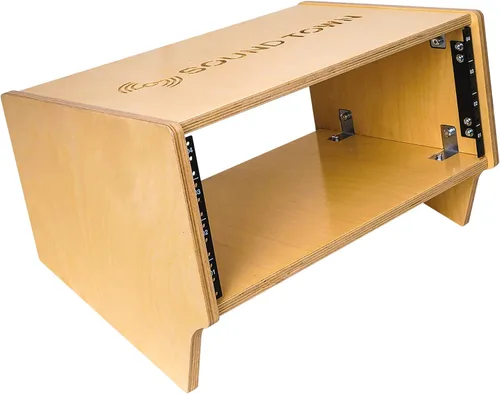 Vista 2 de Sound Town Estante de estudio de torreta de escritorio en ángulo de 4U con madera contrachapada maciza de abedul báltico, roble dorado, requiere