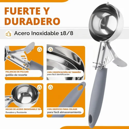 Vista 4 de JUNADAEL J Cuchara grande de 4 onzas para helado con gatillo, plato, tamaño #8 (1/2 taza), cuchara para magdalenas, mango gris, para galletas
