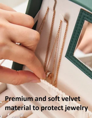 Vista 6 de The Jewellery Pak Caja organizadora de joyas de lujo de color blanco, espejo de piel sintética de alta calidad, exterior de terciopelo suave al
