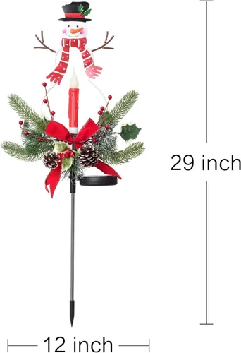 Vista 2 de Juego de 2 luces solares de Navidad para exteriores en liquidación, vela LED, muñeco de nieve con piñas de pino sintéticas, detalles de follaje