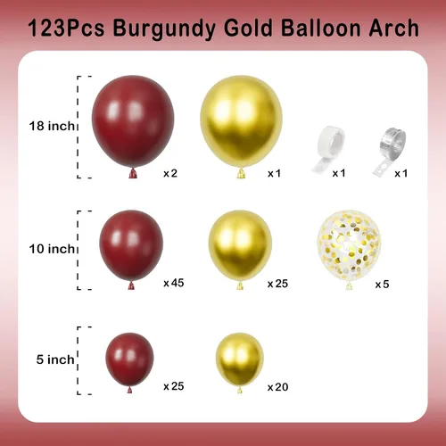 Vista 2 de Kit de guirnalda de arco de globos dorados burdeos, 123 globos metálicos de confeti para cumpleaños, aniversarios, Año Nuevo, compromisos, bodas