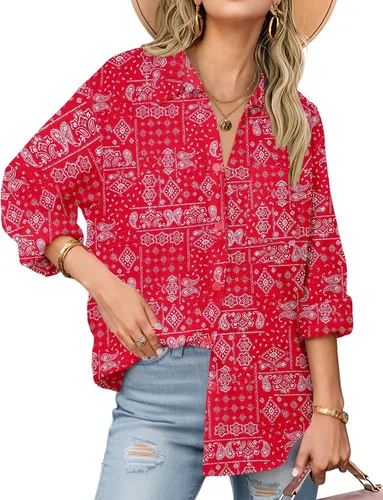 Vista 28 de Zeagoo - Blusas de lino con botones para mujer, de gasa, algodón, manga larga, blusas informales con cuello, corte holgado