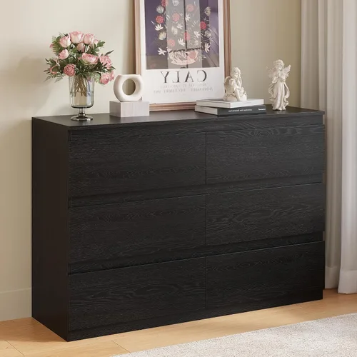 Vista 18 de Cómoda de madera negra para dormitorio, 5 cajones para almacenamiento de ropa, cómoda moderna con cajones anchos, cómoda de madera amplia para sala